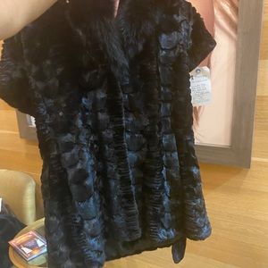Black sheared mink head, fox hood trim/belt, vest